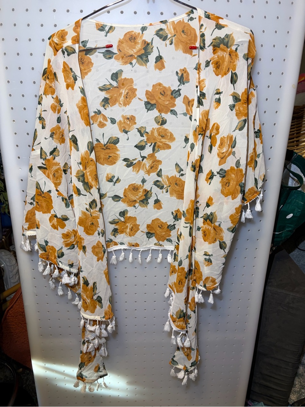 SHEIN Cream Floral Tassel Kimono with Yellow Rose Print